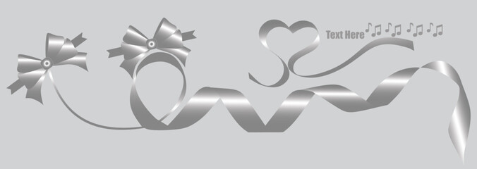 Silver ribbon white satin curly scroll vector  bow set isolated on transparent background for Christmas, brithday and wedding card confetti design Decoration
