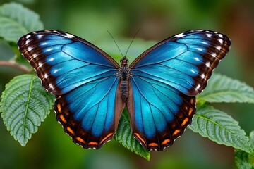 Blue morpho butterfly with iridescent blue wings resting on green leaf