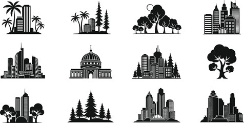 Obraz premium Collection of black and white city skyline and nature silhouette icons buildings
