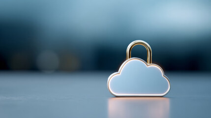 Metallic cloud-shaped padlock symbolizing digital cloud security and data protection on reflective surface with blurred blue background