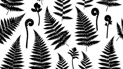 Stunning modern pattern featuring elegant black fern silhouettes and delicate unfurling fiddleheads for botanical design © Vectors Studio