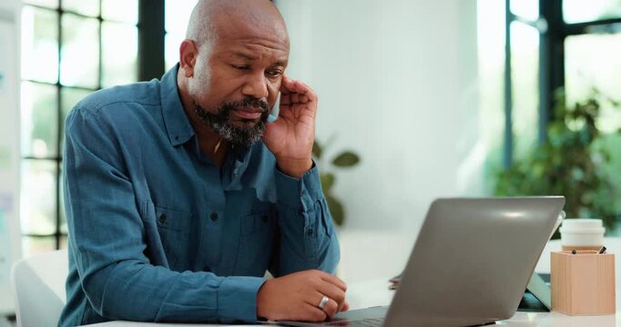 Tired, black man and laptop in office with headache for copywriting mistake, marketing crisis and issue. Exhausted, mature person and computer with migraine, advertising problem and copywriter error.