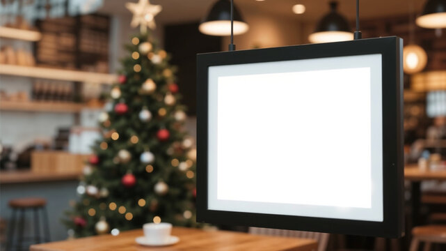 Hanging blank sign in glass caf&eacute; with Christmas decorations