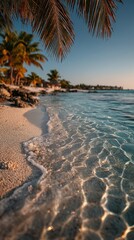 Softly rippled sand meets turquoise sea under clear blue sky.