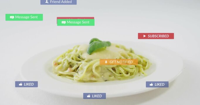 Frame 3 starting notification badges popping and floating over green pasta plate showing engagement
