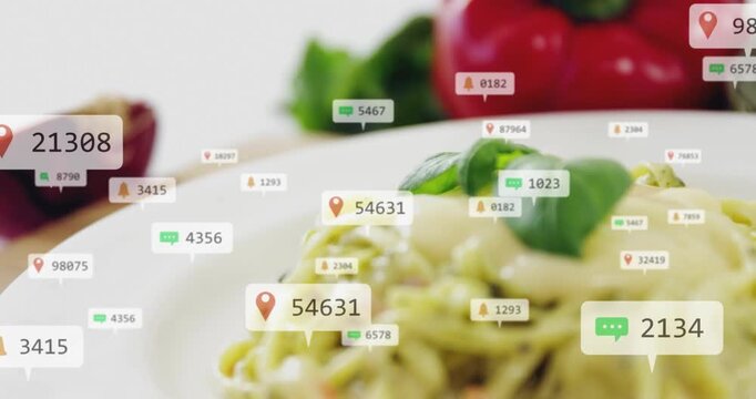 Numeric tags starting UI badges clustering around green pasta, camera moving closer revealing basil