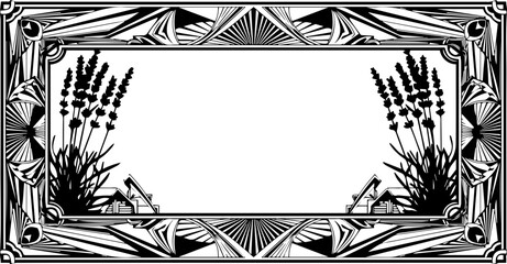 Elegant art deco frame with lavender sprigs, perfect for invitations, announcements, and stylish designs with a touch of vintage charm, scalable graphic