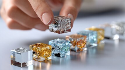 Conceptual image of a hand carefully picking up a clear, intricately textured cube from a row of colorful, unique digital building blocks.