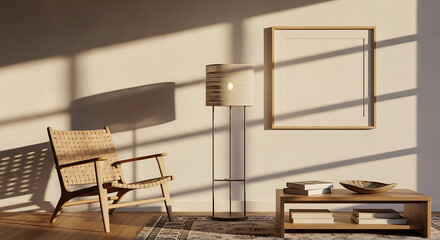 Modern minimalist living room with natural light, wooden furniture, and cozy neutral decor