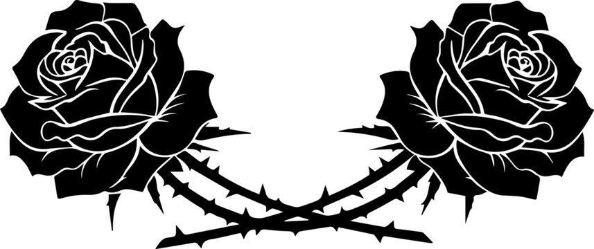 Elegant black rose duo, a stunning floral design with thorns, perfect for edgy branding or romantic gothic themes, originally a scalable graphic