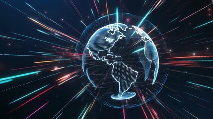A digital representation of the Earth globe with glowing lines and colorful light streaks symbolizing global data flow and technological connectivity. - Powered by Adobe