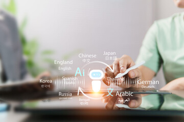 AI-powered language analysis translates conversations across multiple languages; icons for major global languages ​​appear on the virtual screen. This is cutting-edge communication technology.