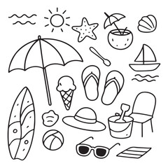 Summer Beach Vacation Objects Collection Doodle Style.