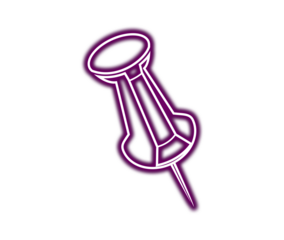 Glowing purple neon pushpin icon symbolizing important reminders and connection on transparent background