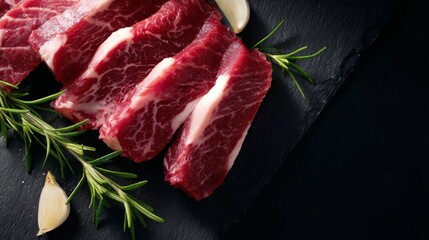 Freshly sliced premium beef steaks lay elegantly on a black stone surface. The marbled texture stands out. Perfect for culinary photography. This image captures quality and flavor. AI