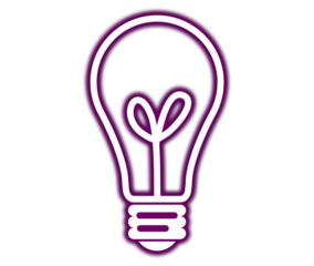 Purple neon light bulb icon with a glowing heart filament symbolizing love and bright innovative ideas on transparent background