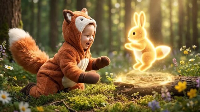 Happy baby dressed in a cute fox costume crawling through a whimsical forest, joyfully reaching out to touch a glowing, enchanting magic bunny on a mossy log