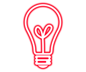 Bright red neon light bulb icon with a glowing heart filament symbolizing love and inspiration on transparent background
