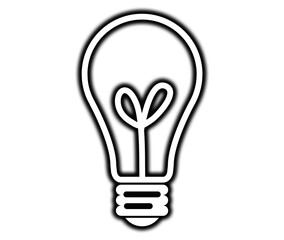 Simple white line art icon of a classic incandescent light bulb glowing brightly against a on transparent background