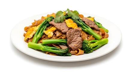 Pad see ew stir-fried noodles with beef, chinese broccoli, egg isolated on white background