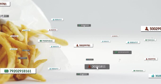 Floating UI labels rising, target ring popping, paper-wrapped fries entering left, showing product