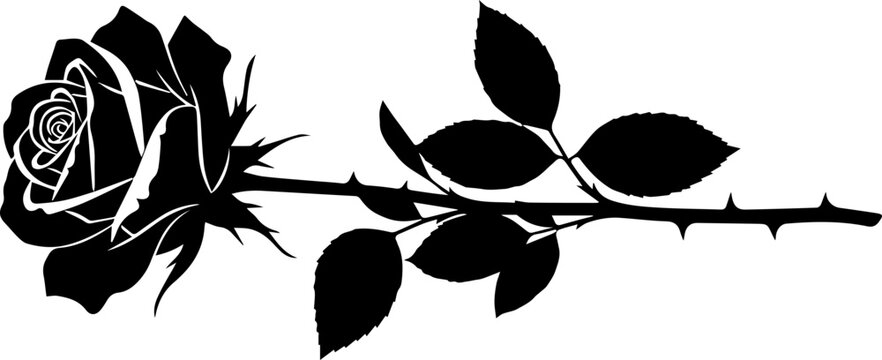 Elegant black silhouette of a rose with thorns, perfect for tattoo designs, edgy branding, or dramatic floral accents, scalable vector graphic