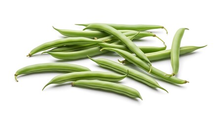 Fresh green beans on a white background, healthy vegetable pile isolated on white background