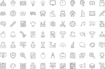 Education line icon set, school learning symbols, science math art tools, vector outline icons for web app design interface collection