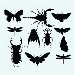 Insect and bug silhouettes. Butterfly, scorpion, and dragonfly vectors. Insect collection isolated