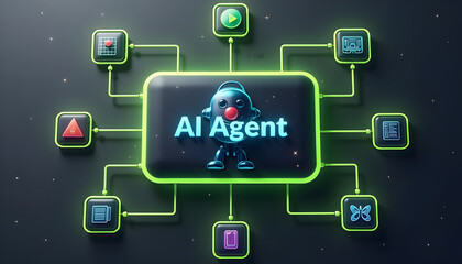 Futuristic AI agent interface with glowing green flowchart connections, colorful icons, and sleek robot design on dark gray gradient background