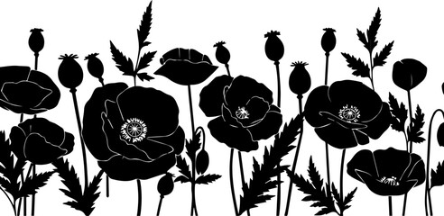 Elegant floral border with poppy silhouettes, perfect for invitations and designs with a touch of natural beauty, ideal for spring and summer themes © Teh