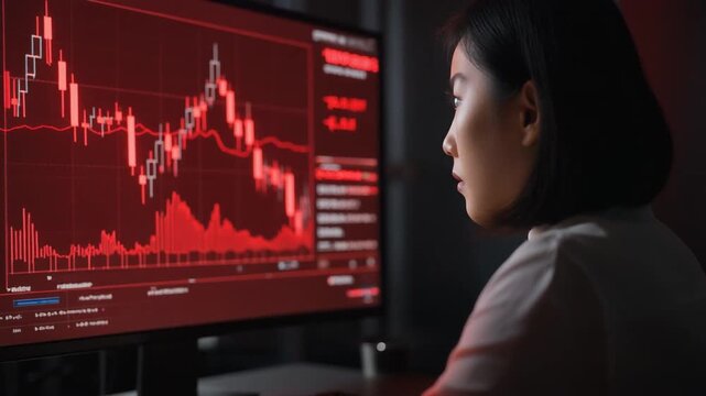 暗い室内で、投資家が赤く発光する下落相場のモニターを不安な表情で見つめている。
画面には株価の急落チャートとAIによる市場下落予測が表示されている。
強い影と低照度の照明が、緊張感と恐怖を際立たせている。