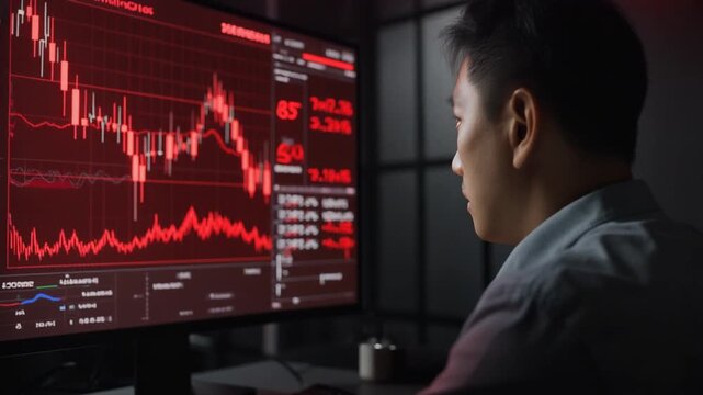 暗い室内で、投資家が赤く発光する下落相場のモニターを不安な表情で見つめている。
画面には株価の急落チャートとAIによる市場下落予測が表示されている。
強い影と低照度の照明が、緊張感と恐怖を際立たせている。