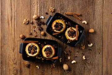 Whole baked apples. Christmas decoration. Top view, front view.