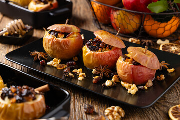 Whole baked apples. Christmas decoration. Top view, front view.