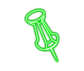 Bright green neon glowing push pin icon on a solid for design on transparent background