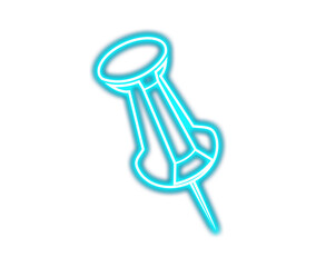Bright cyan neon pushpin icon glowing against a solid symbolizing office organization and ideas on transparent background