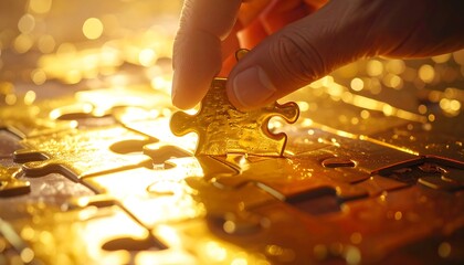 Hand placing a gold puzzle piece onto a partially completed golden jigsaw puzzle under bright, soft focus lighting