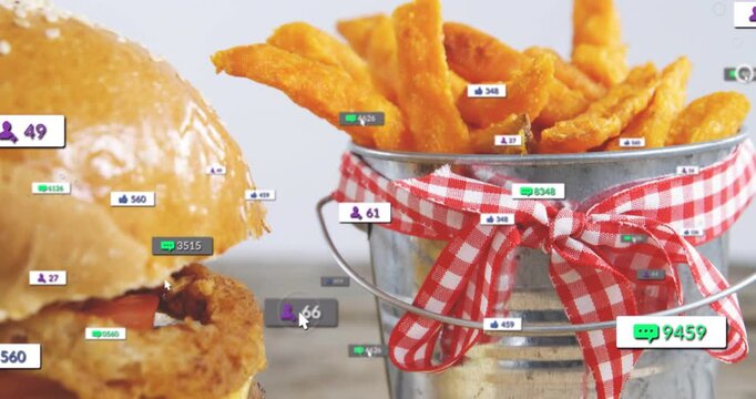 Cursor hovering causing badges multiplying, clustering around burger, fries, showing counts