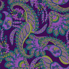 Floral seamless pattern with paisley ornament. Vector illustration in asian textile style