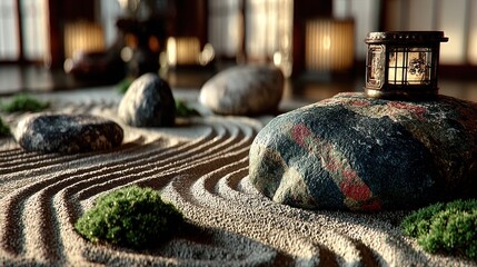 Serene Japanese garden scene with rocks, sand, and a lantern