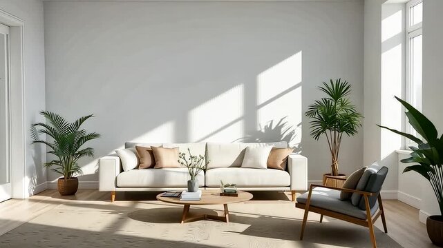 Bright Minimalist Living Room with White Sofa Armchair Wooden Floor and Large Green Houseplants in Sunlight