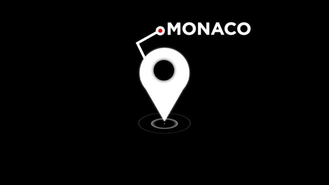 Monaco map location pin on black background, GPS navigation pointer, travel and destination search concept,geography and global location animation.