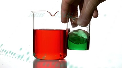 Upper right hand entering, causing beaker tilting, green sloshing beside red beaker for demo