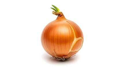 Whole golden onion bulb with green sprouts, natural vegetable isolated on white background