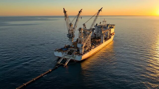 Massive Pipe Laying Vessel Deploys Subsea Pipeline Across Deep Blue Ocean Waters During Golden Sunset with Orange Horizon and Calm Sea Surface reflecting Sun Rays creating a Serene Industrial