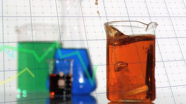 Clear glass beaker reacting to falling tablet from above, creating splashes, bubbles for demo
