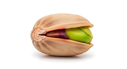 Close-up of a single pistachio nut, partially open in its shell isolated on white background