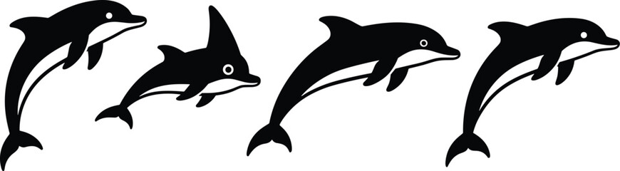 Dolphin silhouette vector set, jumping dolphin icons, marine mammal illustration, ocean animal clipart, black dolphin graphic design