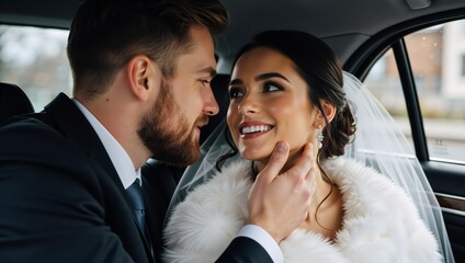 A happy newlywed couple sharing a romantic moment in a car. The groom gently touches the smiling bride's face on their wedding day